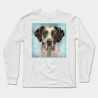 Chaotic Painting of a Black and White Great Dane on a Light Blue Background Long Sleeve T-Shirt